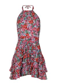 Kukka-aiheinen halterneck-mekko, jossa on röyhelöhelma, vaaleansiniisellä taustalla ja kirkkaan pinkkejä sekä punaisia kukkakuvioita. Sidotaan kaulasta.