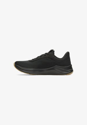 Mustad mustreeritud kangast mustad treeningjalanõud, sujuva disainiga, paeltega kinnitamine ees, kummist välistald ja kergelt tõstetud konts toe toestamiseks.