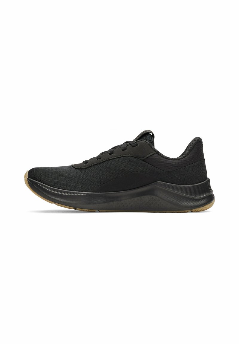 Black athletic shoes with textured fabric, a sleek design, lace-up front, rubber outsole, and a slightly elevated heel for support.