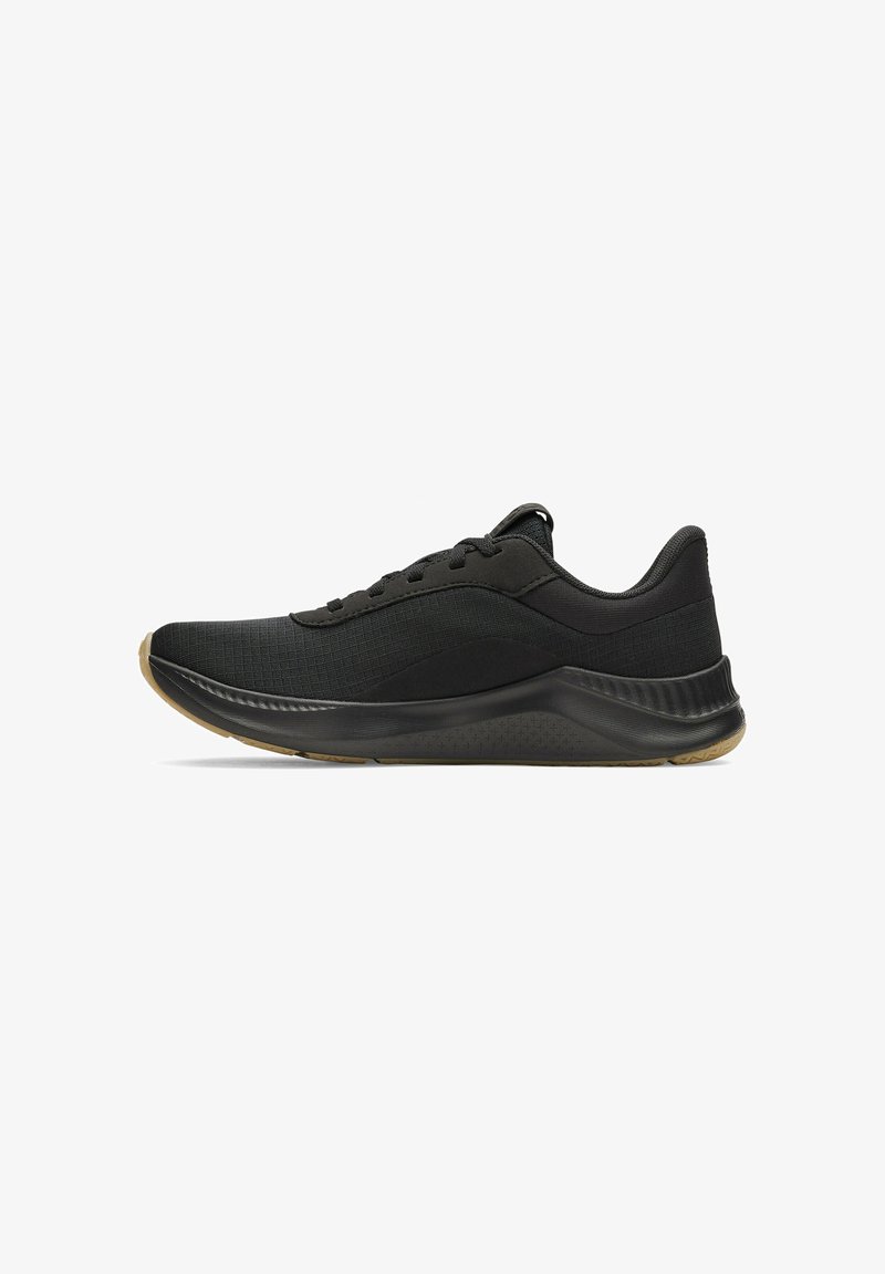 Black athletic shoes with textured fabric, a sleek design, lace-up front, rubber outsole, and a slightly elevated heel for support.