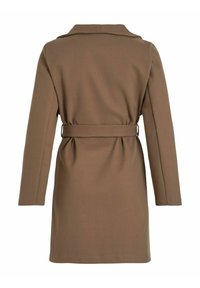 Manteau en laine marron longueur genoux avec manches longues, large col et ceinture assortie serrant la taille, vu de dos.