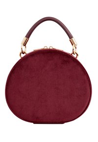 Ronde bordeaux tas van suede, met een strak ontwerp, dunne, gladde handgreep en gouden hardware accenten.