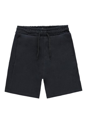 Zwarte katoenen shorts met een elastische tailleband, trekkoord, twee zijzakken en een eenvoudig, recht gesneden ontwerp. Gladde textuur.