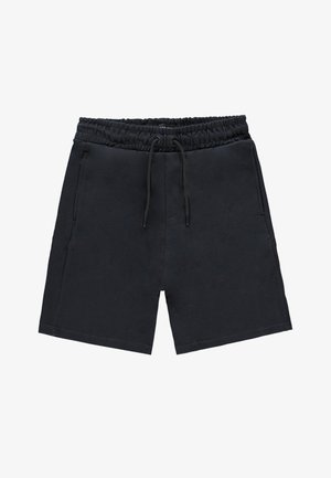 Zwarte katoenen shorts met een elastische tailleband, trekkoord, twee zijzakken en een eenvoudig, recht gesneden ontwerp. Gladde textuur.