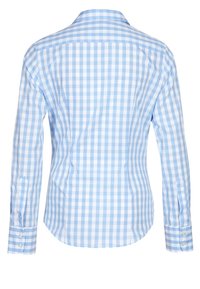 Ljusblå och vit rutmönstrad långärmad skjorta med spridd krage, knäppta manschetter och en något böjd fåll. Tillverkad av bomull.