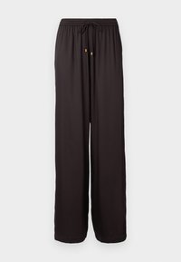 Voľné čierne nohavice s elastickým pásom a stiahnutím so zlatými koncovkami, s dĺžkou po zem a rovnými nohavicami.