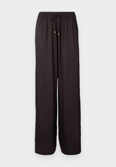 Loose-fitting black pants with elastic waistband and drawstring with gold-toned tips, full-length and straight-cut legs.