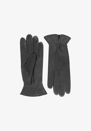 Black leather gloves with a smooth texture, featuring three seams on the back, elastic wrist, and a stylish cut for comfortable wear.