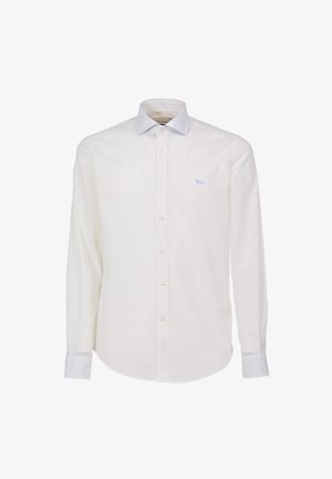 Camicia bianca a maniche lunghe con dettagli azzurri nel colletto, apertura frontale con bottoni e piccolo logo ricamato sul petto. Texture liscia.