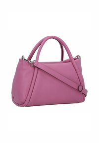 Borsa in pelle rosa con doppi manici, una tracolla regolabile e una texture liscia. Caratterizzata da un design minimalista e dettagli in metallo argentato.