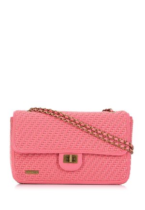 Woven pink handbag with a gold chain strap, rectangular shape, and a magnetic snap closure. Features a logo detail on the front.