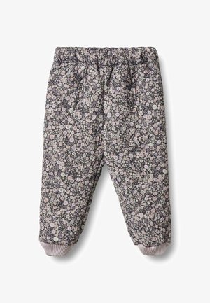 Blumengemusterte Hosen in Dunkelgrau mit einem elastischen Bund und gerippten Bündchen. Enthält verschiedene Pastellblumen auf dem gesamten Stoff.