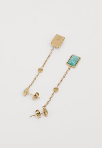 Gold drop earrings featuring a rectangular turquoise stone, connected by a fine chain, with circular accents and stud back.