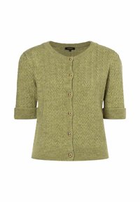 Cárdigan de manga corta en punto texturizado verde claro, con cuello redondo, patrón de espiga y botones dorados en la parte delantera.