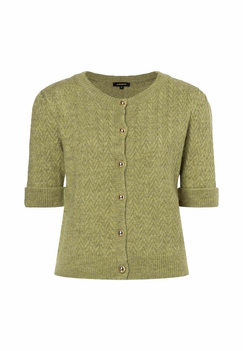 Cárdigan de manga corta en punto texturizado verde claro, con cuello redondo, patrón de espiga y botones dorados en la parte delantera.