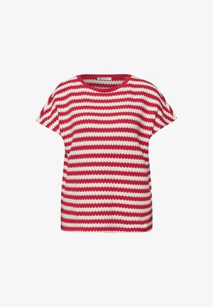 Rood-wit gebreid T-shirt met korte mouwen, horizontale golvende strepen en een ronde halslijn.