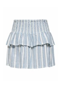 Jupe à rayures verticales bleues et blanches avec taille smockée et superposition à volants, longueur genoux, style décontracté.