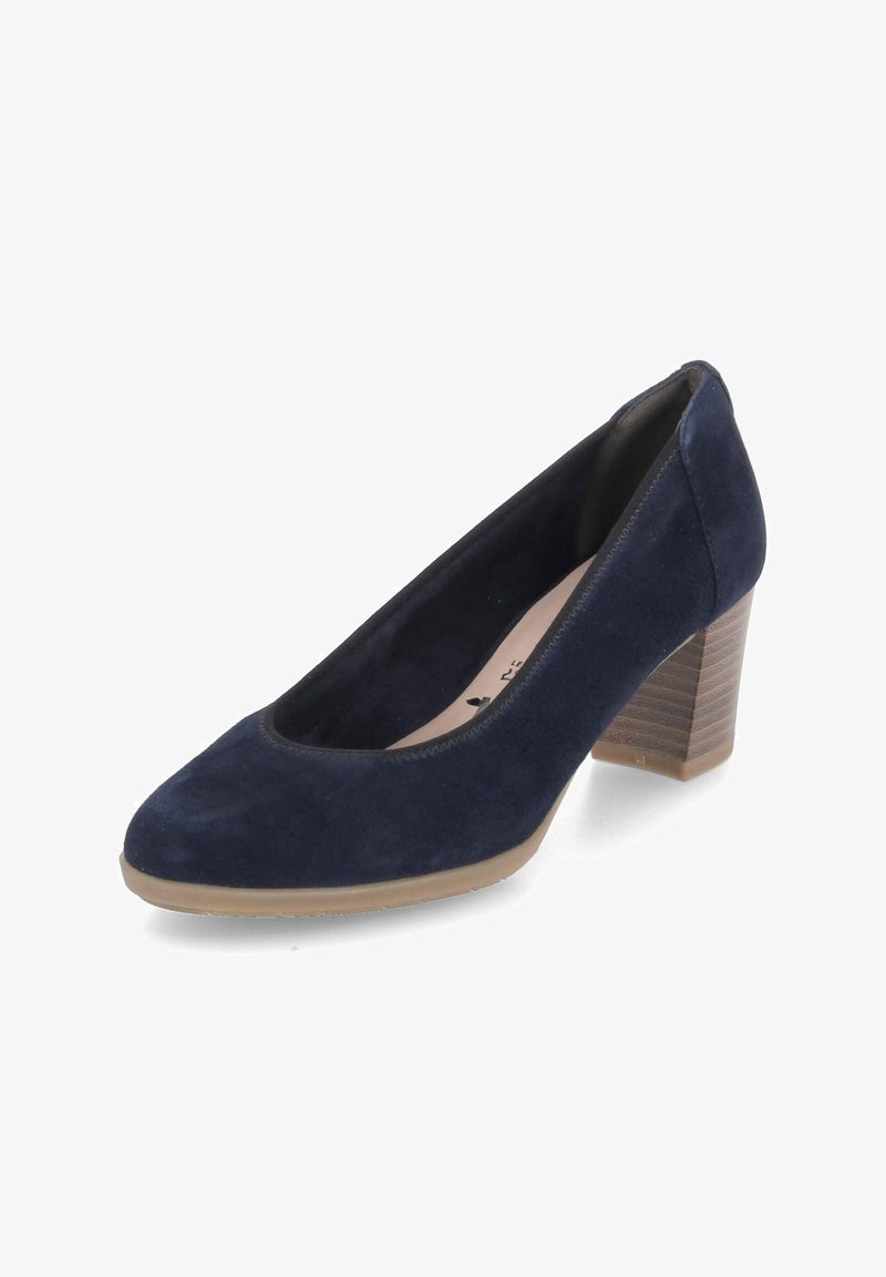 Decolleté in suede blu navy con punta arrotondata, scollo basso e tacco a blocco impilato. Caratterizzato da una suola in gomma flessibile e una fodera interna liscia.