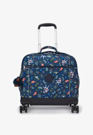 Blue wheeled suitcase featuring a playful pattern of robots, vehicles, and space elements. Includes a black rubber handle and zippered compartments.