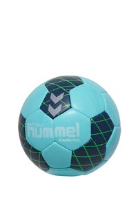 Pallone da handball per bambini in turchese e blu navy, caratterizzato da un motivo a griglia e una superficie texture, con il marchio "Hummel Classic Kids" in bianco.