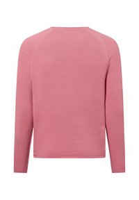 Langärmliger Pullover aus hellrosa strukturiertem Strick. Mit Rundhalsausschnitt und Raglanärmeln, und einem glatten Saum an der Taille.