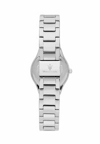 Orologio in acciaio inox argentato con cinturino a maglie, quadrante rotondo e logo Maserati inciso sulla chiusura. Design pulito e minimalista.