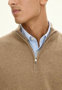 Beige gebreide trui met een kwart-rits kraag, geribbelde accenten, gedragen over een lichtblauw overhemd met kraag. Soepele textuur, casual ontwerp.