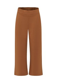 Braune, weite Hosen aus weichem, elastischem Material. Mit einem elastischen Bund und ohne sichtbare Verschlüsse oder Taschen.