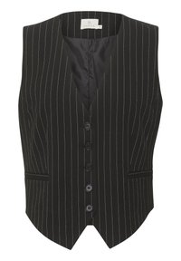 Schwarze Nadelstreifenweste mit V-Ausschnitt, ausgestattet mit sechs Knöpfen auf der Vorderseite und zwei Seitentaschen, die ein maßgeschneidertes Design zeigt.
