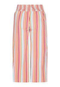 Pasiastowe, średniej długości szorty z elastyczną talią. Kolory obejmują różowy, pomarańczowy, niebieski i biały w pionowe wzory. Lekki materiał.