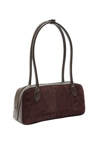 Brązowa torba zamszowa i skórzana z dwoma wydłużonymi przegródkami, podwójnymi uchwytami i gładką fakturą. Zapięcie na zamek błyskawiczny u góry.