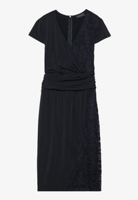 Black dress with short sleeves, wrap design, ruched waist, and a textured lace panel on one side. Zipper closure at the back. Smooth fabric.