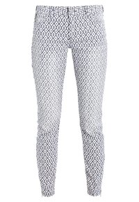 Pantalones estampados con un diseño de diamantes en azul marino y blanco. Corte ajustado, hechos de una tela ligera, con cinco bolsillos y cremallera. 