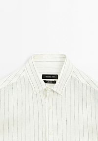 White linen button-up shirt with thin black vertical stripes and a button-down collar, labeled Massimo Dutti.
