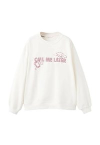 Hvid sweatshirt med en lilla grafik med teksten "CALL ME LATER" og en tegneseriehund. Blødt stof og afslappet pasform.