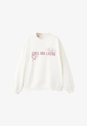 Weißes Sweatshirt mit einem lila Motiv mit dem Text "RUF MICH SPÄTER AN" und einem Cartoon-Hund. Weicher Stoff und lockeres Design.