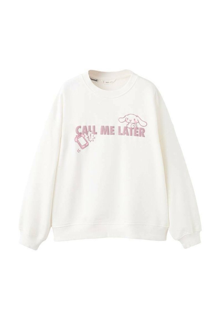 Hvid sweatshirt med en lilla grafik med teksten "CALL ME LATER" og en tegneseriehund. Blødt stof og afslappet pasform.