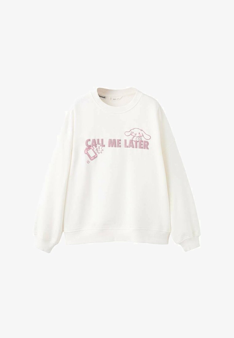 Hvid sweatshirt med en lilla grafik med teksten "CALL ME LATER" og en tegneseriehund. Blødt stof og afslappet pasform.