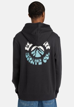 Hoodie noir avec un grand graphisme blanc et bleu au dos représentant des montagnes et le texte "SKATE CO". Tissu doux et coupe décontractée.