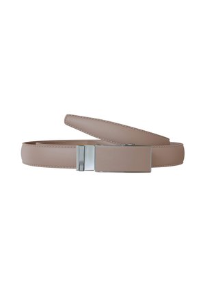 Taupe leather belt with smooth rectangular silver buckle and matching leather strap loop, coiled against white background.