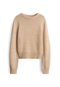 Pull en tricot beige avec un col rond, des poignets et un ourlet côtelés, présentant une texture mouchetée. La coupe courte ajoute une touche de modernité.