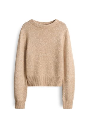 Pull en tricot beige avec un col rond, des poignets et un ourlet côtelés, présentant une texture mouchetée. La coupe courte ajoute une touche de modernité.