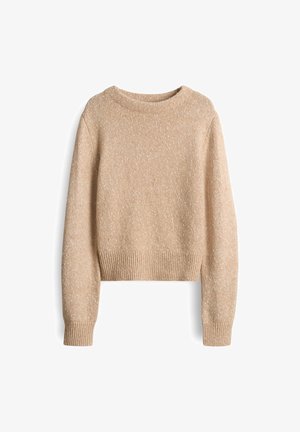 Beige gebreide trui met een ronde halslijn, ribgebreide mouwen en zoom, met een gestippelde textuur. Het cropped ontwerp voegt moderniteit toe.