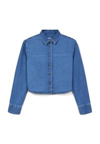 Camicia di jeans cropped con colletto classico, chiusura a bottoni frontale, maniche lunghe e color blu chiaro con una texture sbiadita e dettagli di cucitura.