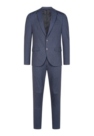 Marineblå drakt laget av strukturert stoff, med en en-knapp blazer med to knapper, klaffelapper og smalere bukser.