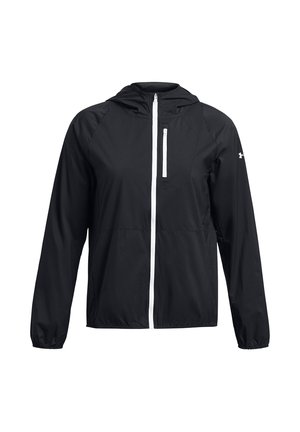 Schwarze Windjacke, leichtes Material, durchgehender Reißverschluss, weiße Reißverschlussakzente, Kapuzen-Design, elastische Bündchen und Brusttasche vorne.