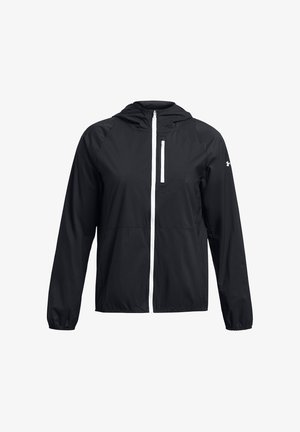 Black windbreaker jacket, lightweight material, full zip closure, white zipper accents, hooded design, elastic cuffs, and front chest pocket.