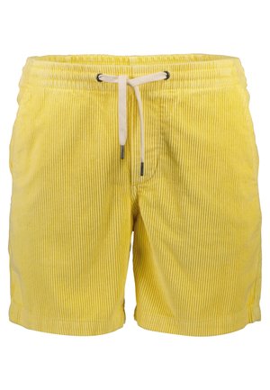 Geel corduroy shorts met een gestructureerd ribbelpatroon, verstelbare ivoorkleurige koord aan de taille en opgerolde mouwen.