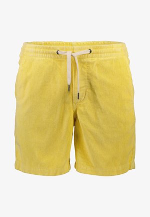 Geel corduroy shorts met een gestructureerd ribbelpatroon, verstelbare ivoorkleurige koord aan de taille en opgerolde mouwen.