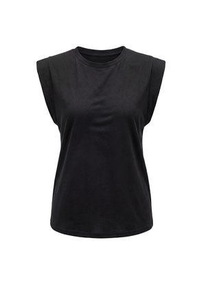 Zwarte mouwloze top met gewatteerde schouders, ronde halslijn en een rechte zoom, getoond op een witte achtergrond.